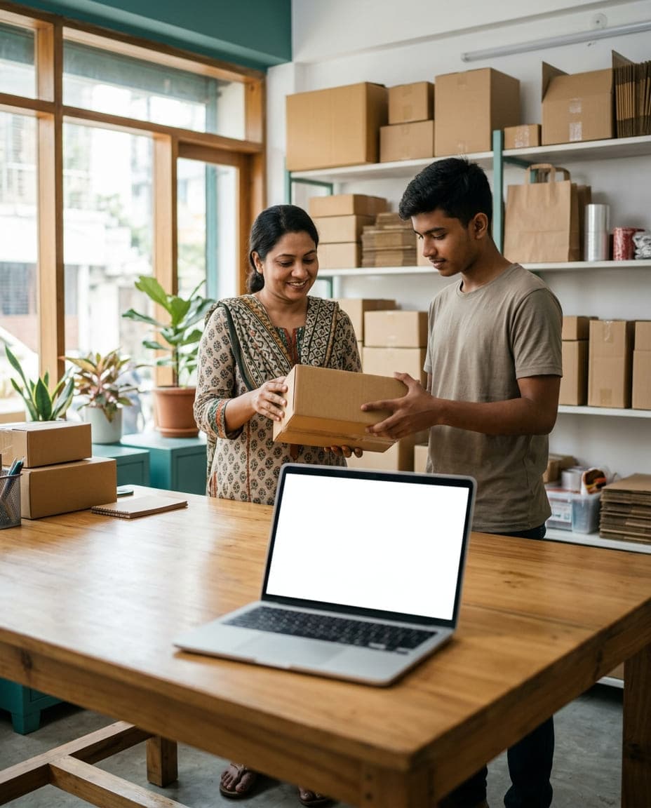 A business owner hands a packed order to her staff member while her laptop shows the day's sales and orders