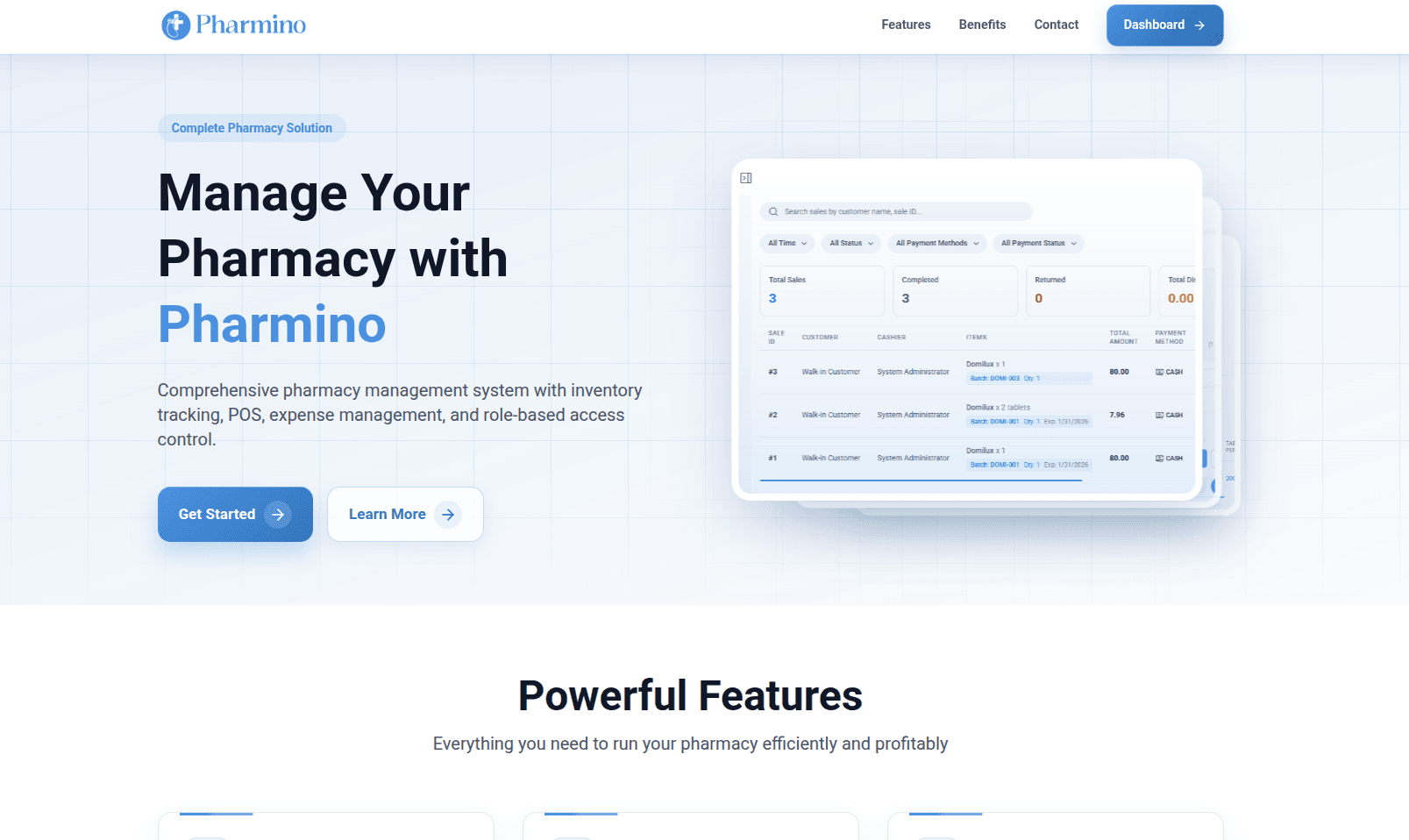 Pharmino pharmacy management landing page with a sales dashboard preview