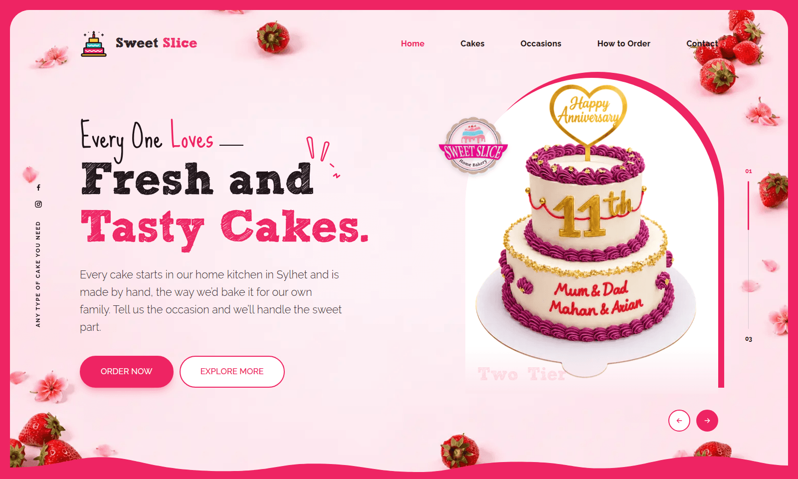 Sweet Slice home bakery homepage with a two-tier anniversary cake