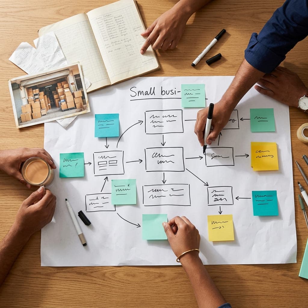 Overhead view of several hands mapping a small business's workflow with sticky notes, next to the owner's handwritten ledger and a photo of the shop
